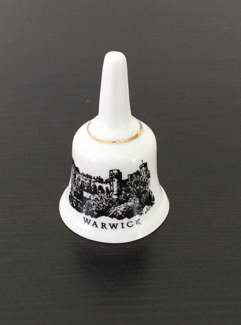 Souvenir Warwick Castle Bell Miniature China. Ringer Missing. Black White Gold