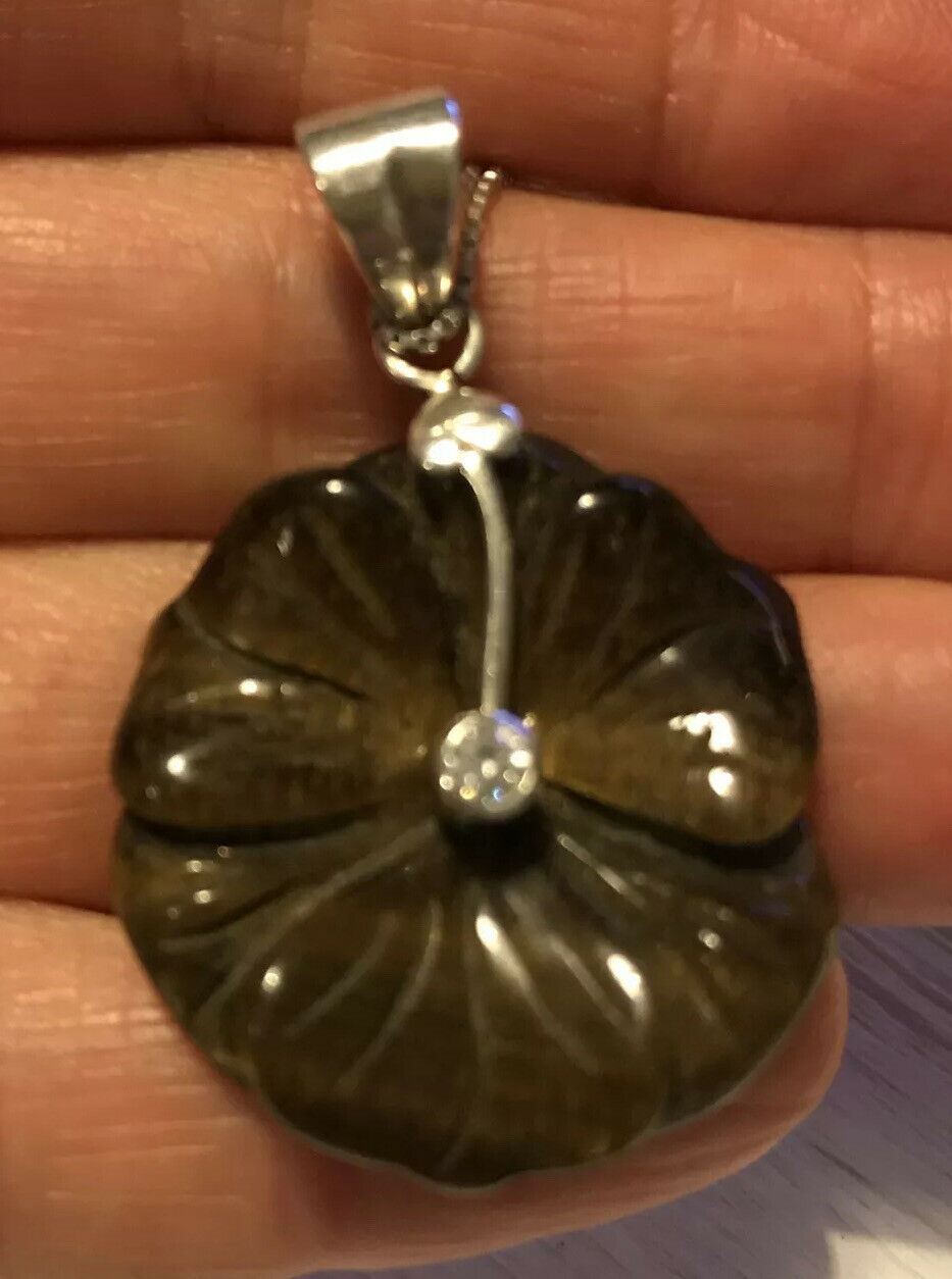 Unusual Statement Pendant Necklace Sterling Silver With Carved Tigers Eye Flower