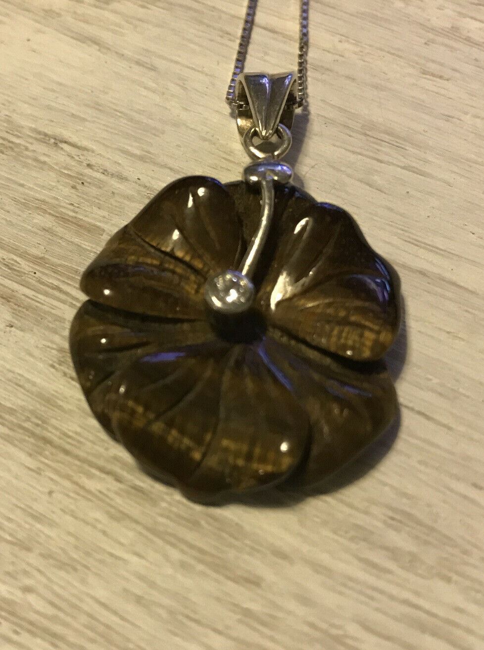 Unusual Statement Pendant Necklace Sterling Silver With Carved Tigers Eye Flower