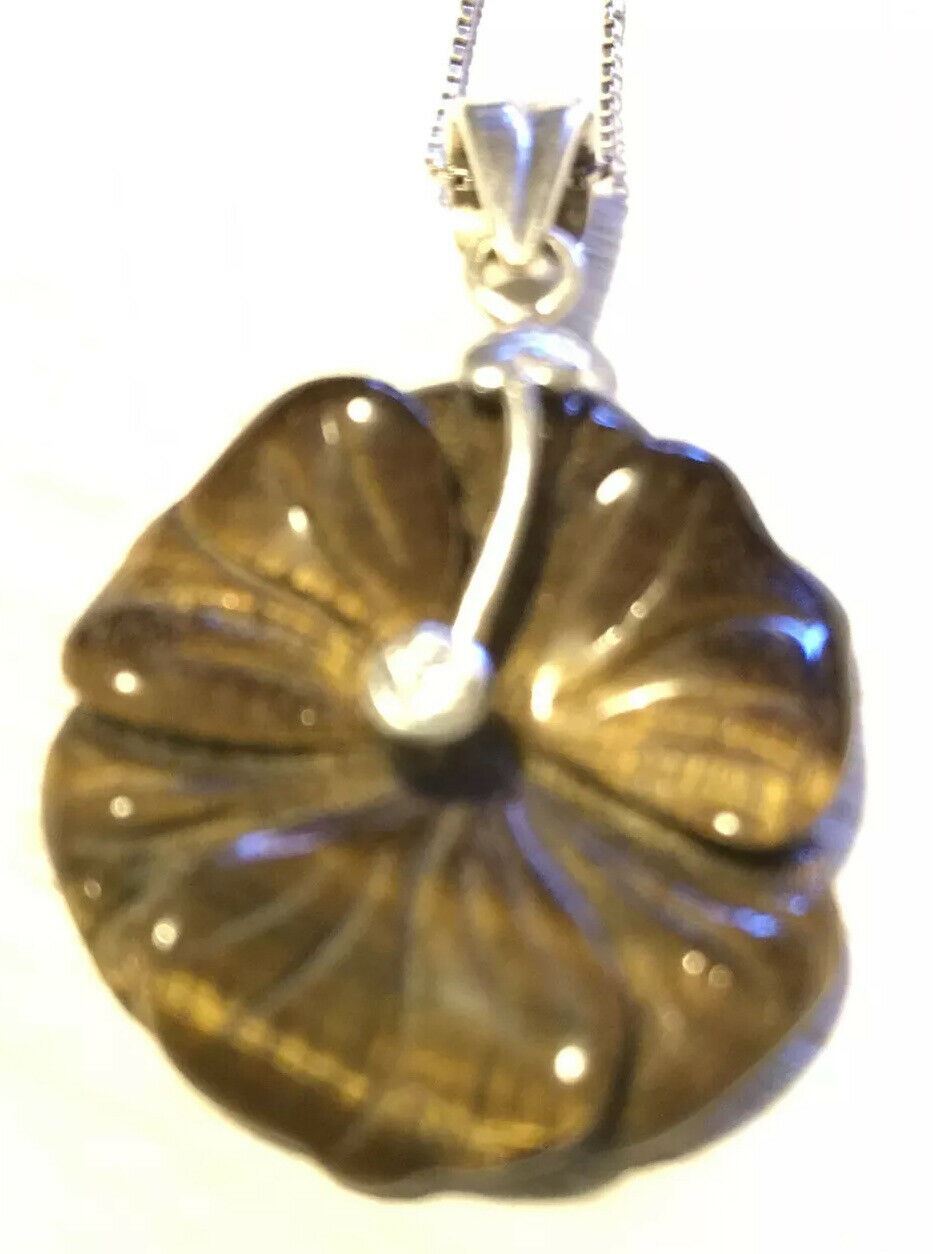 Unusual Statement Pendant Necklace Sterling Silver With Carved Tigers Eye Flower