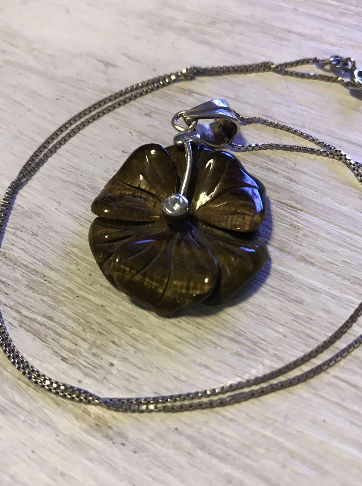 Unusual Statement Pendant Necklace Sterling Silver With Carved Tigers Eye Flower