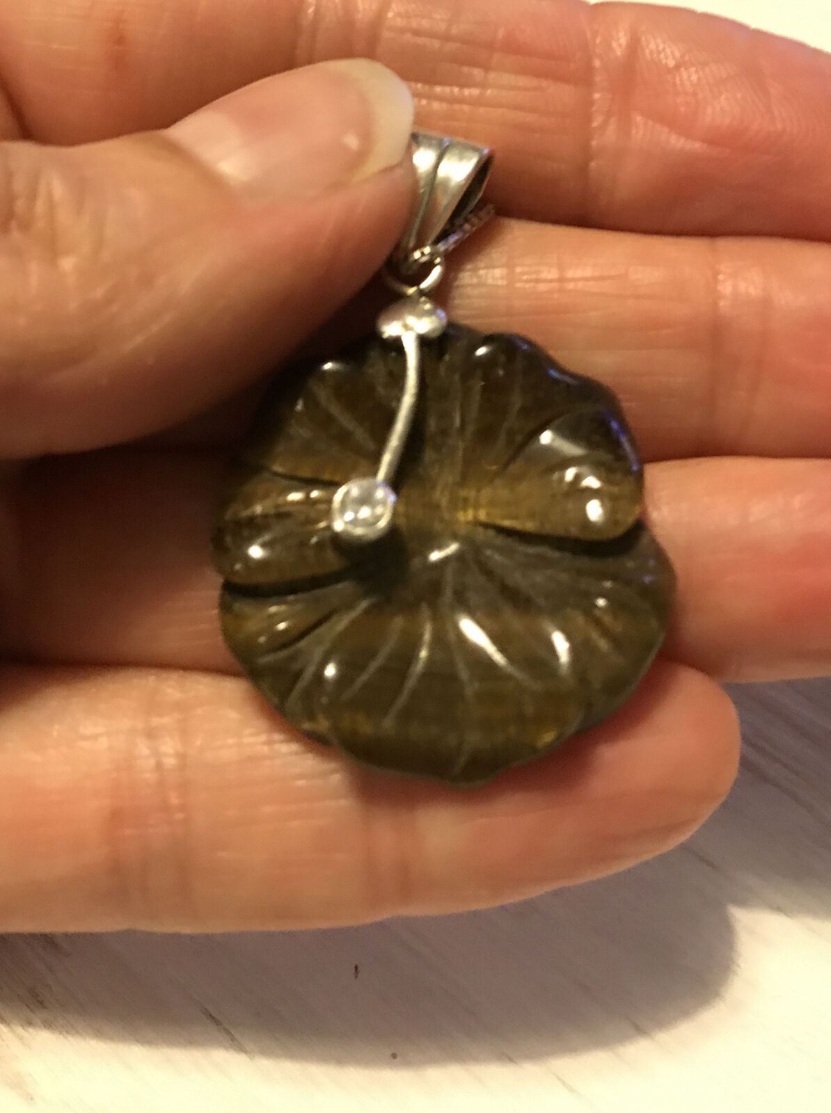 Unusual Statement Pendant Necklace Sterling Silver With Carved Tigers Eye Flower