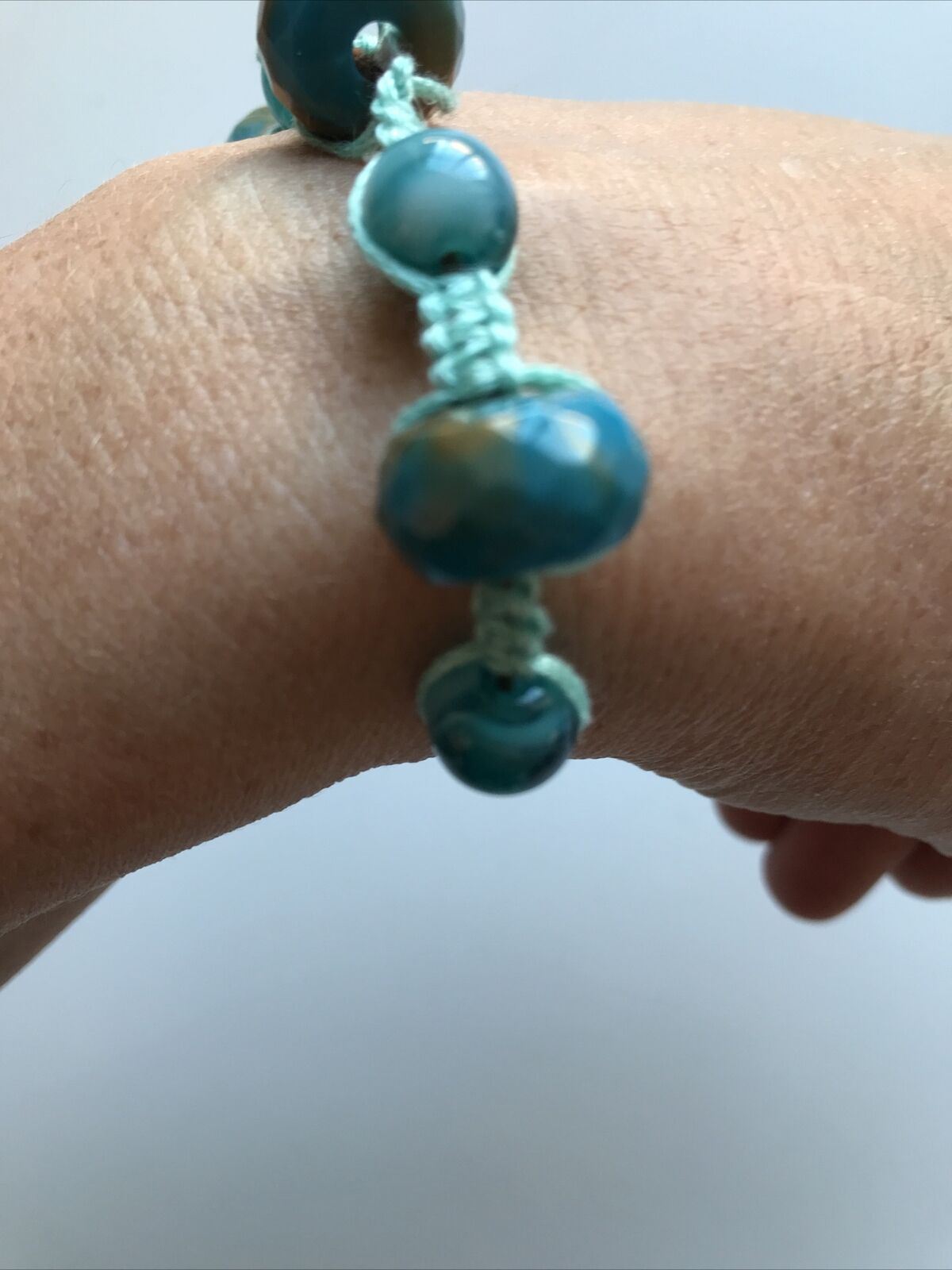 Handmade Beaded And Knotted Bracelet. Hippy Boho Turquoise Blue. Aqua Blue.