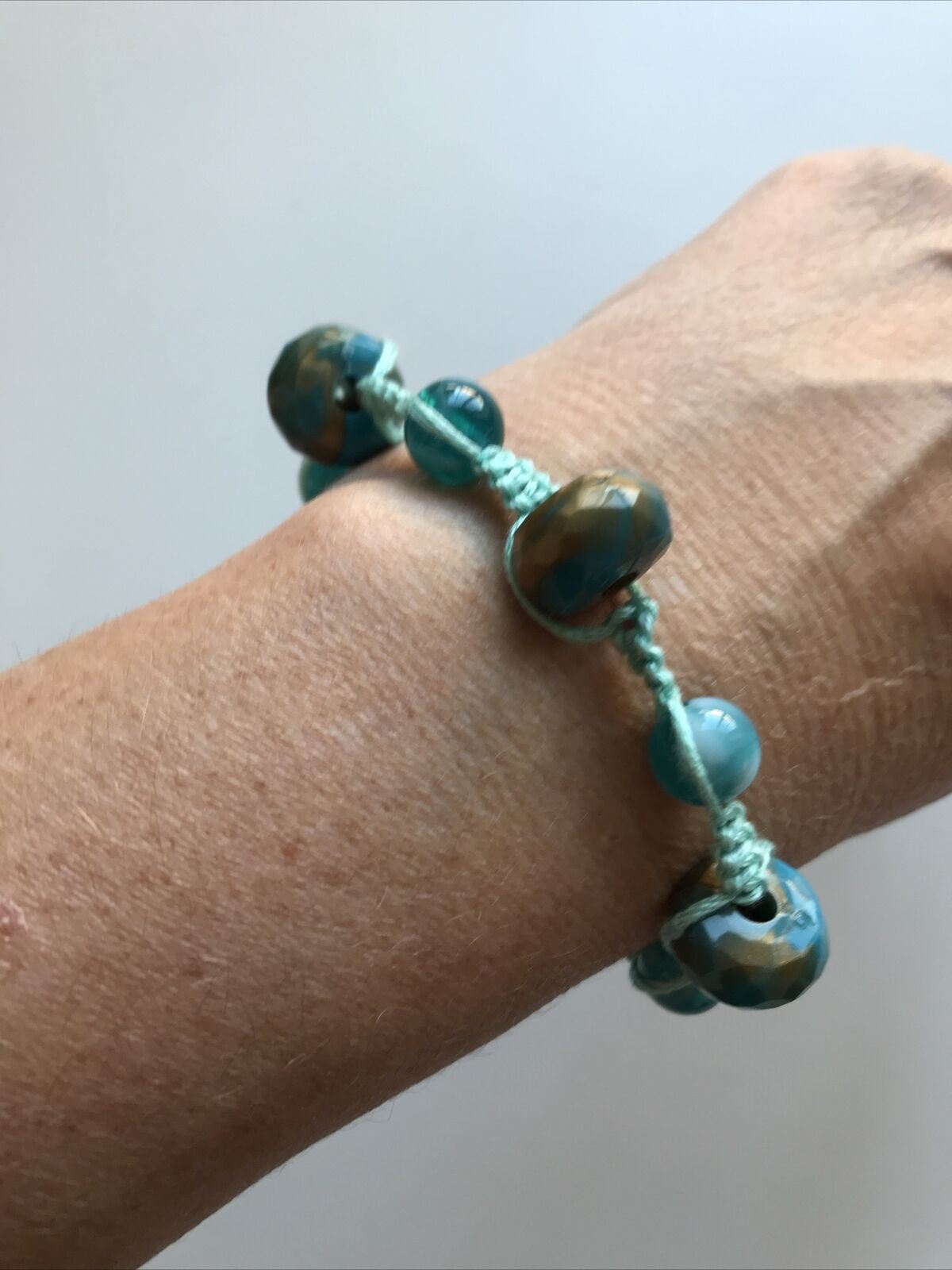 Handmade Beaded And Knotted Bracelet. Hippy Boho Turquoise Blue. Aqua Blue.