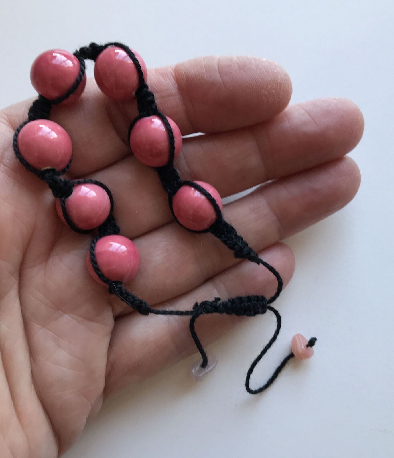 Handmade Pink And Black Beaded Knotted Friendship Bracelet. Hippy Boho Festival. Adjustable