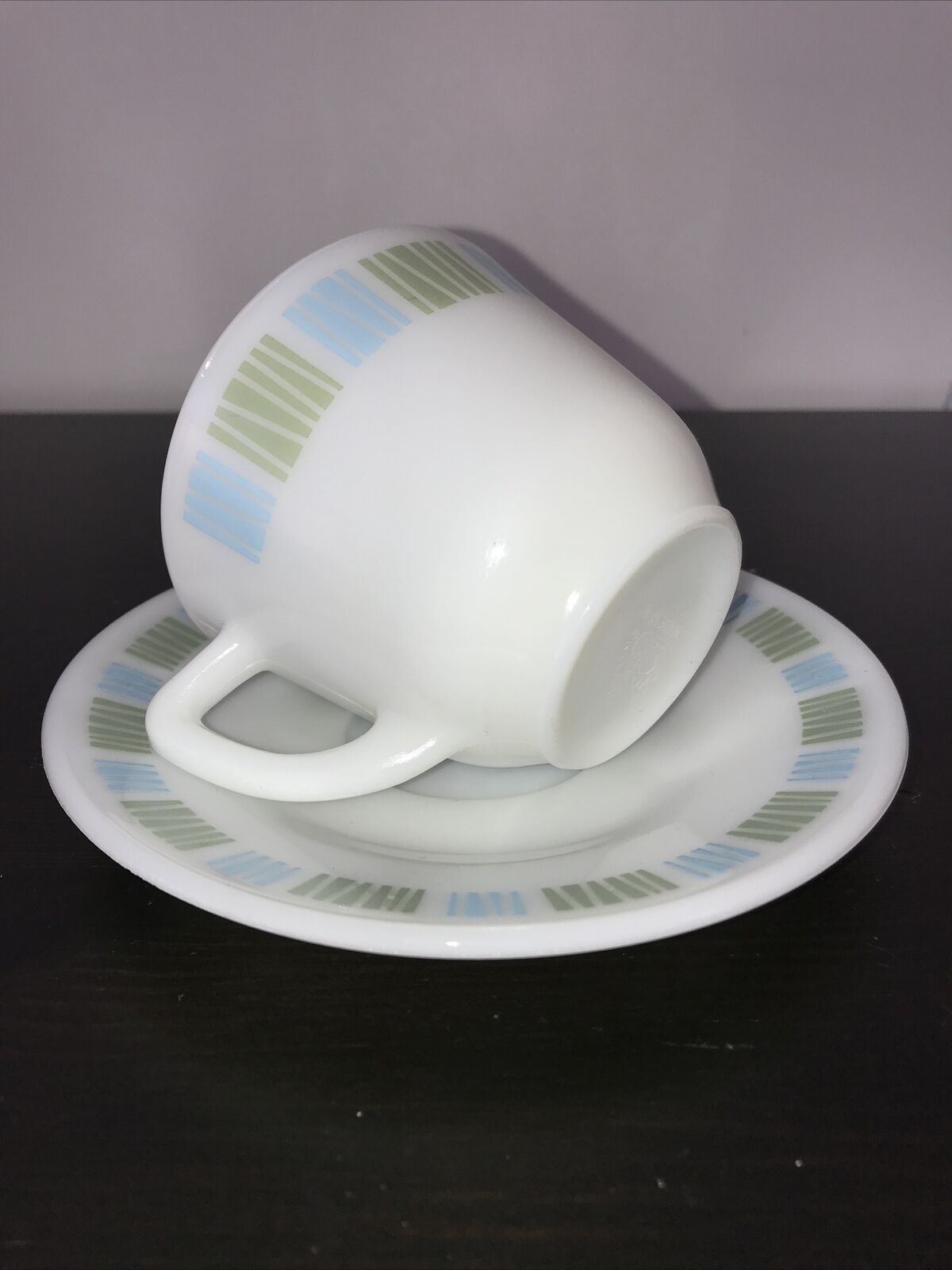 Vintage JAJ Pyrex Matchmaker Cup & Saucer. Retro Mid Century Blue Green White