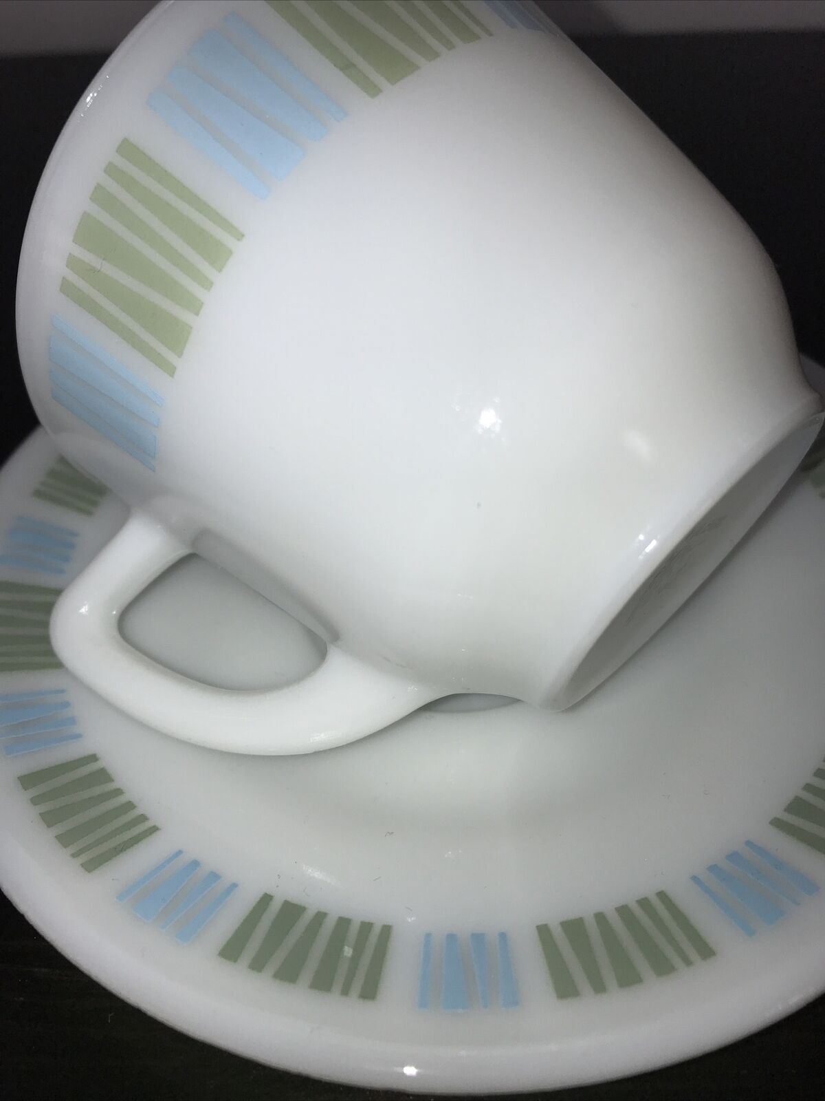 Vintage JAJ Pyrex Matchmaker Cup & Saucer. Retro Mid Century Blue Green White