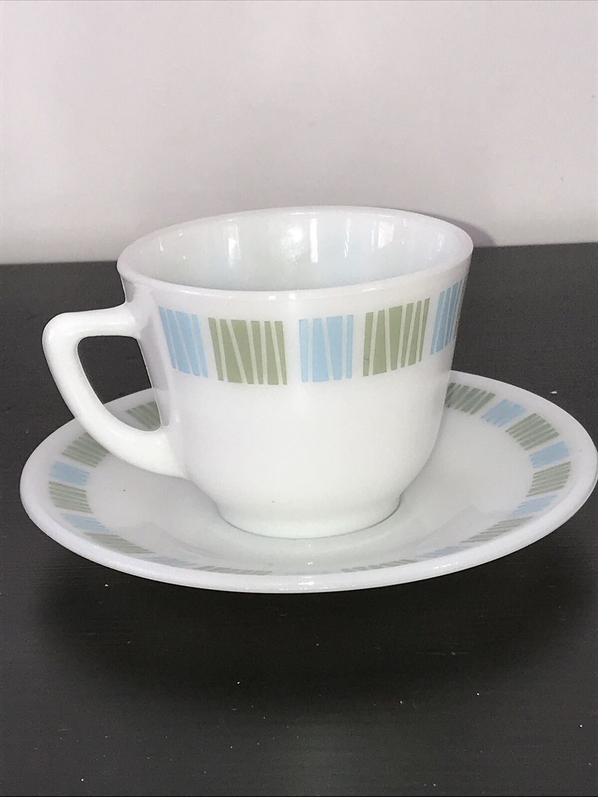 Vintage JAJ Pyrex Matchmaker Cup & Saucer. Retro Mid Century Blue Green White