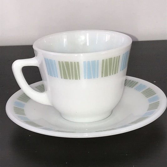 Vintage JAJ Pyrex Matchmaker Cup & Saucer - Retro Mid Century - Blue Green White