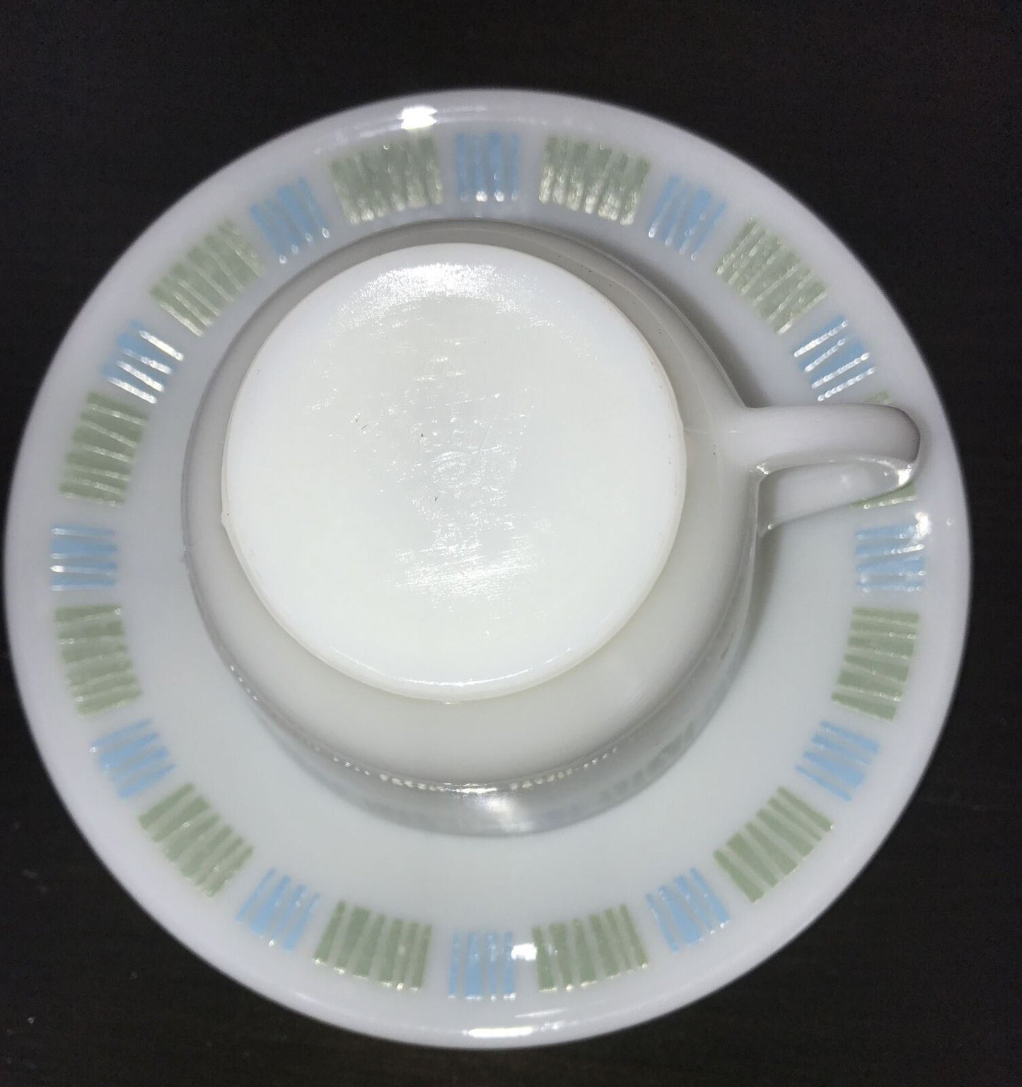 Vintage JAJ Pyrex Matchmaker Cup & Saucer. Retro Mid Century Blue Green White