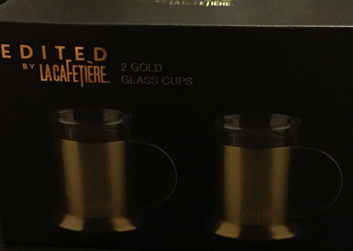 Edited By La Cafetiere 2 Brushed Gold Glass Coffee Cups. Stylish Modern