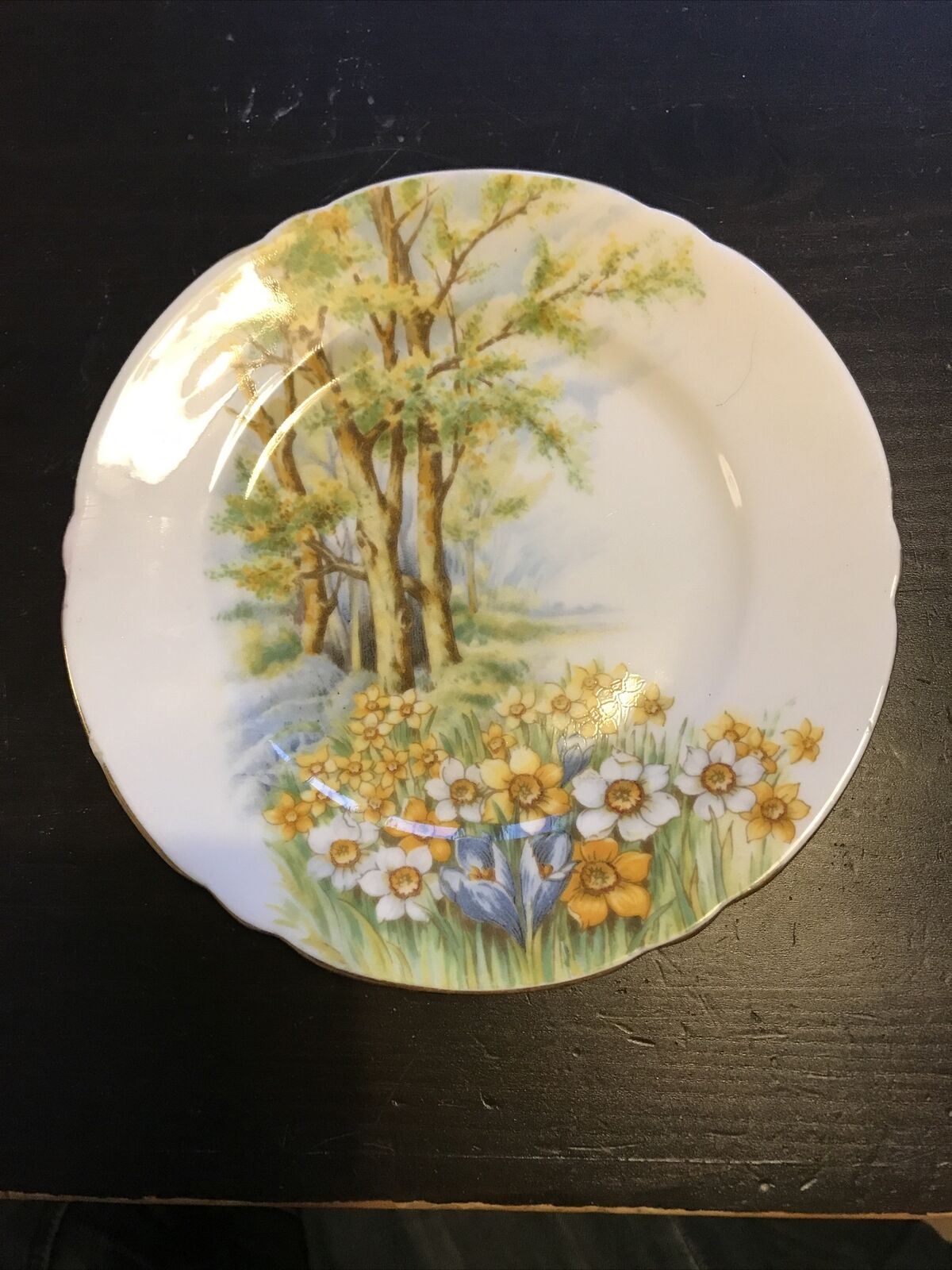 Shelley Daffodil Time Side Plate Fluted. Chip To Edge. Floral Trees Yellow Green