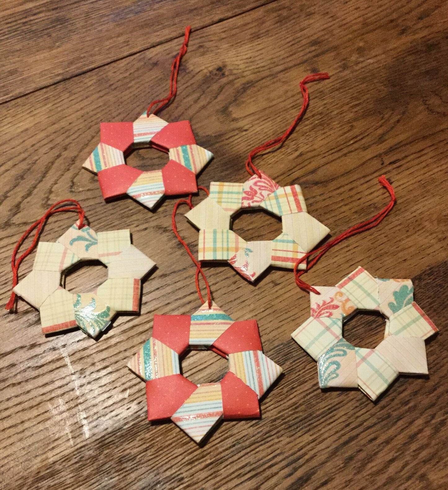 Set Of 5 Handmade Origami Star Tree Decorations. Baubles. Hanging. Orange Green