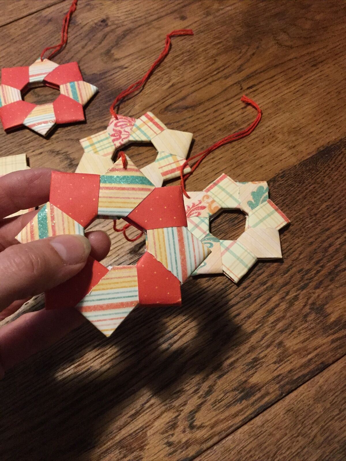 Set Of 5 Handmade Origami Star Tree Decorations. Baubles. Hanging. Orange Green