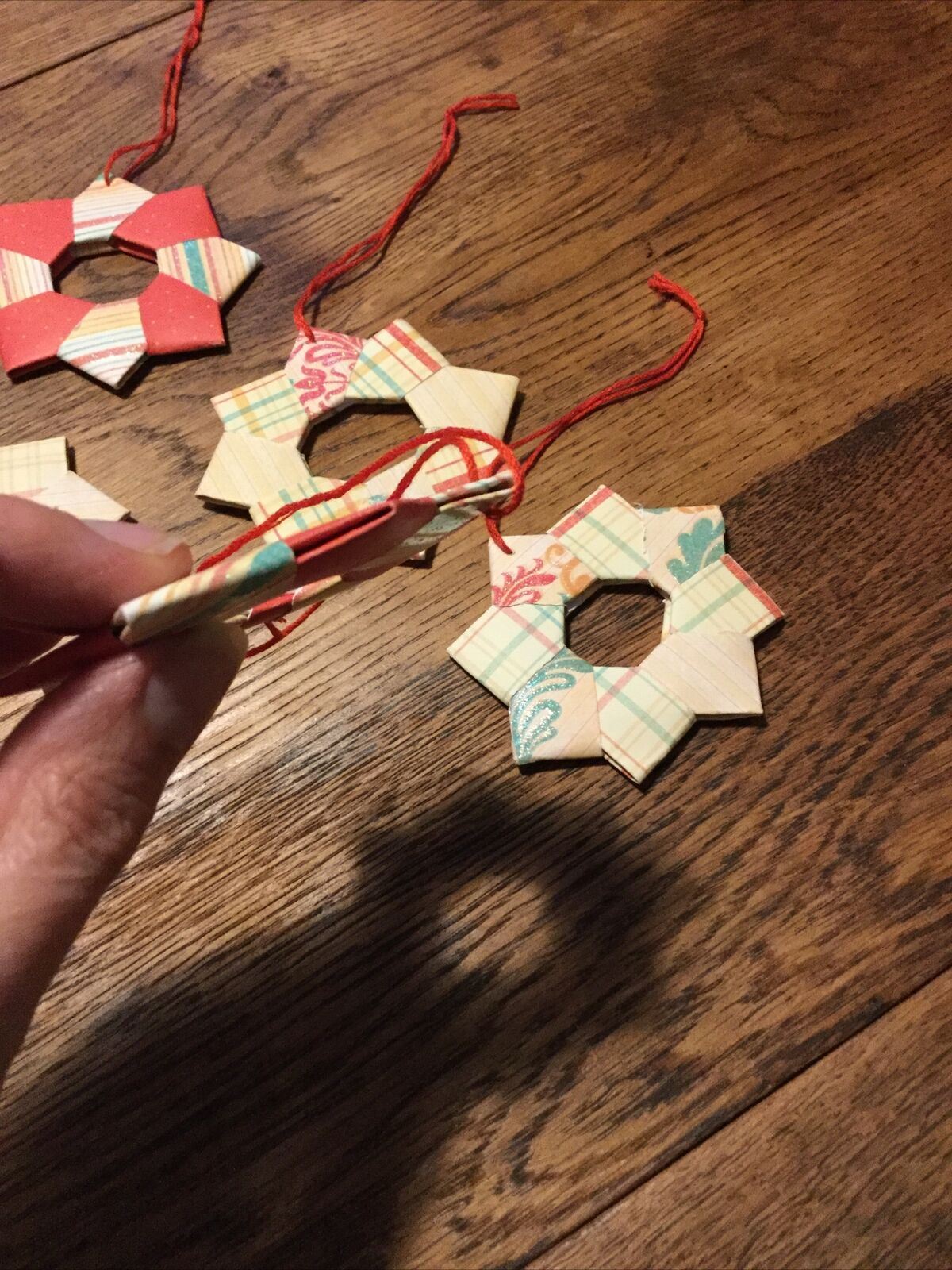 Set Of 5 Handmade Origami Star Tree Decorations. Baubles. Hanging. Orange Green