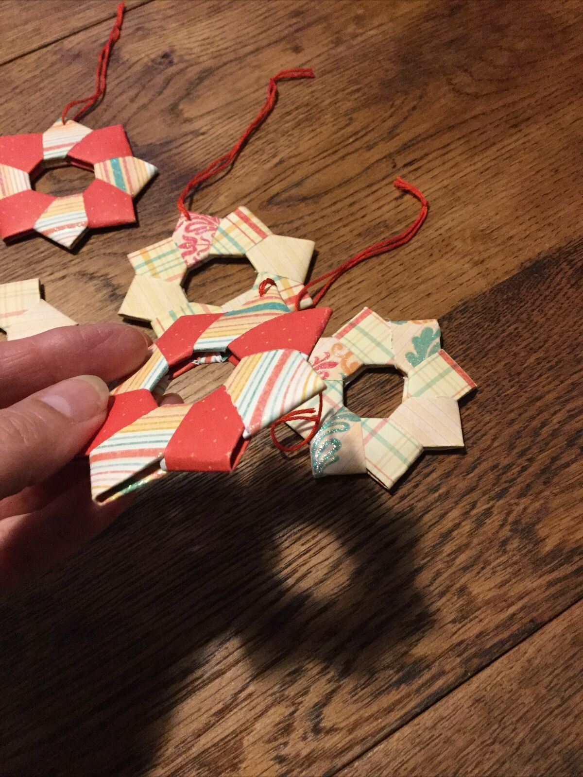 Set Of 5 Handmade Origami Star Tree Decorations. Baubles. Hanging. Orange Green