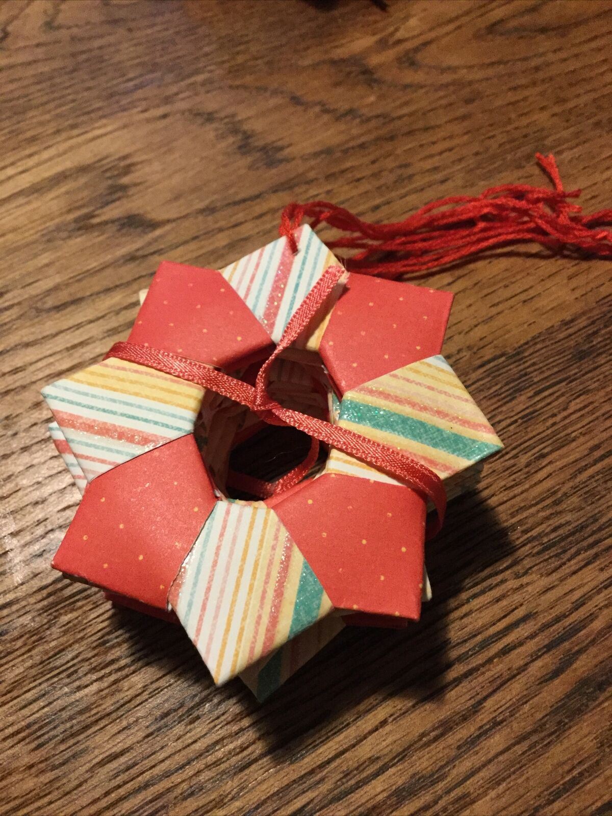 Set Of 5 Handmade Origami Star Tree Decorations. Baubles. Hanging. Orange Green