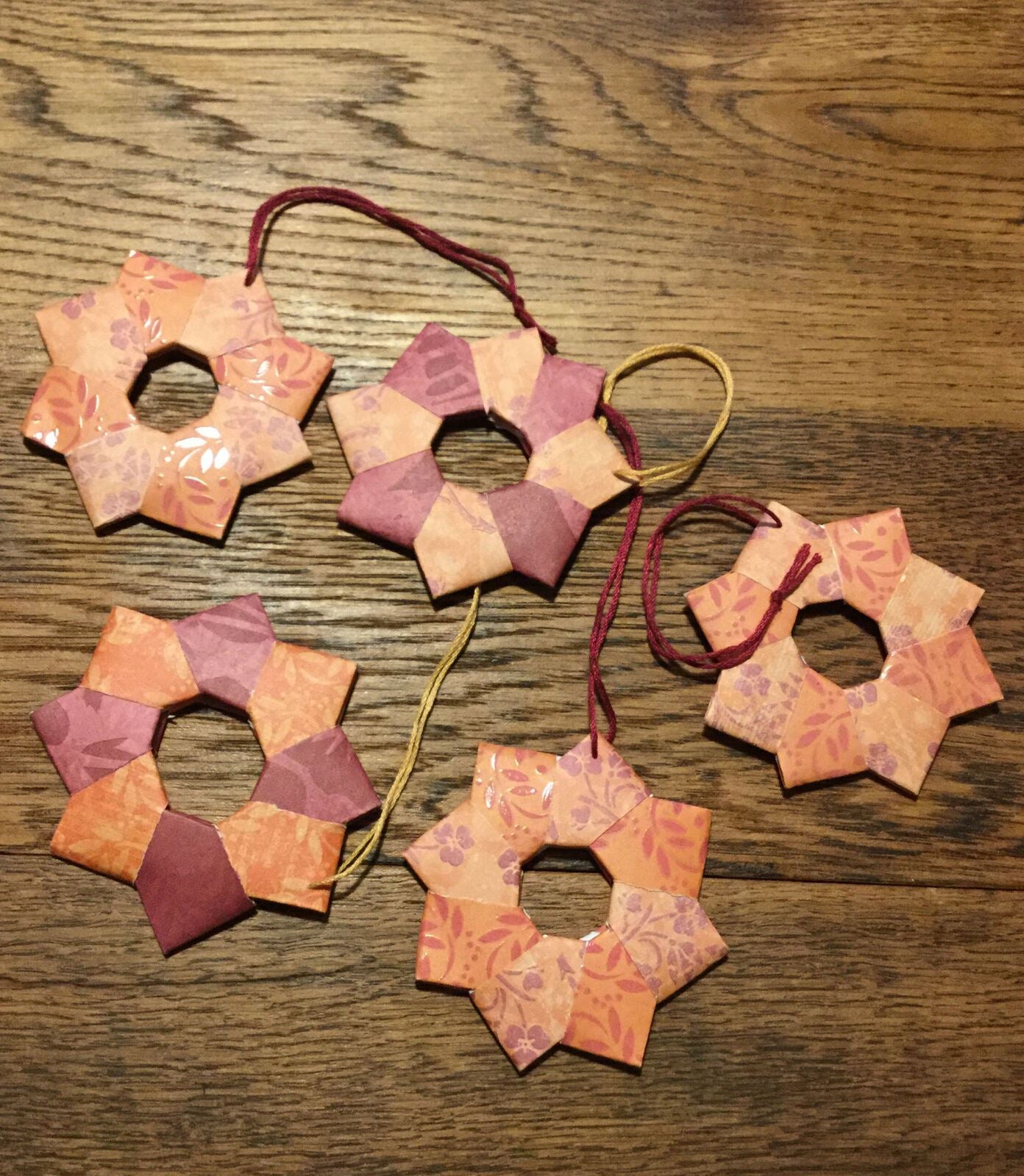 Set Of 5 Handmade Origami Star Tree Decorations. Baubles. Hanging. Orange Burgun