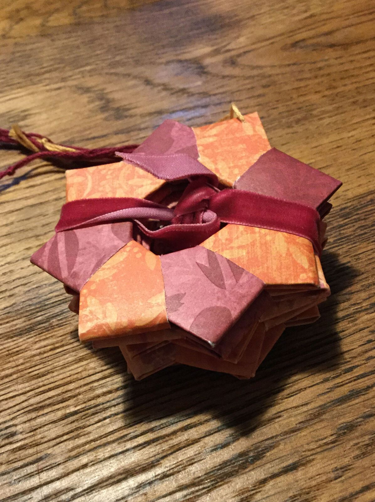 Set Of 5 Handmade Origami Star Tree Decorations. Baubles. Hanging. Orange Burgun