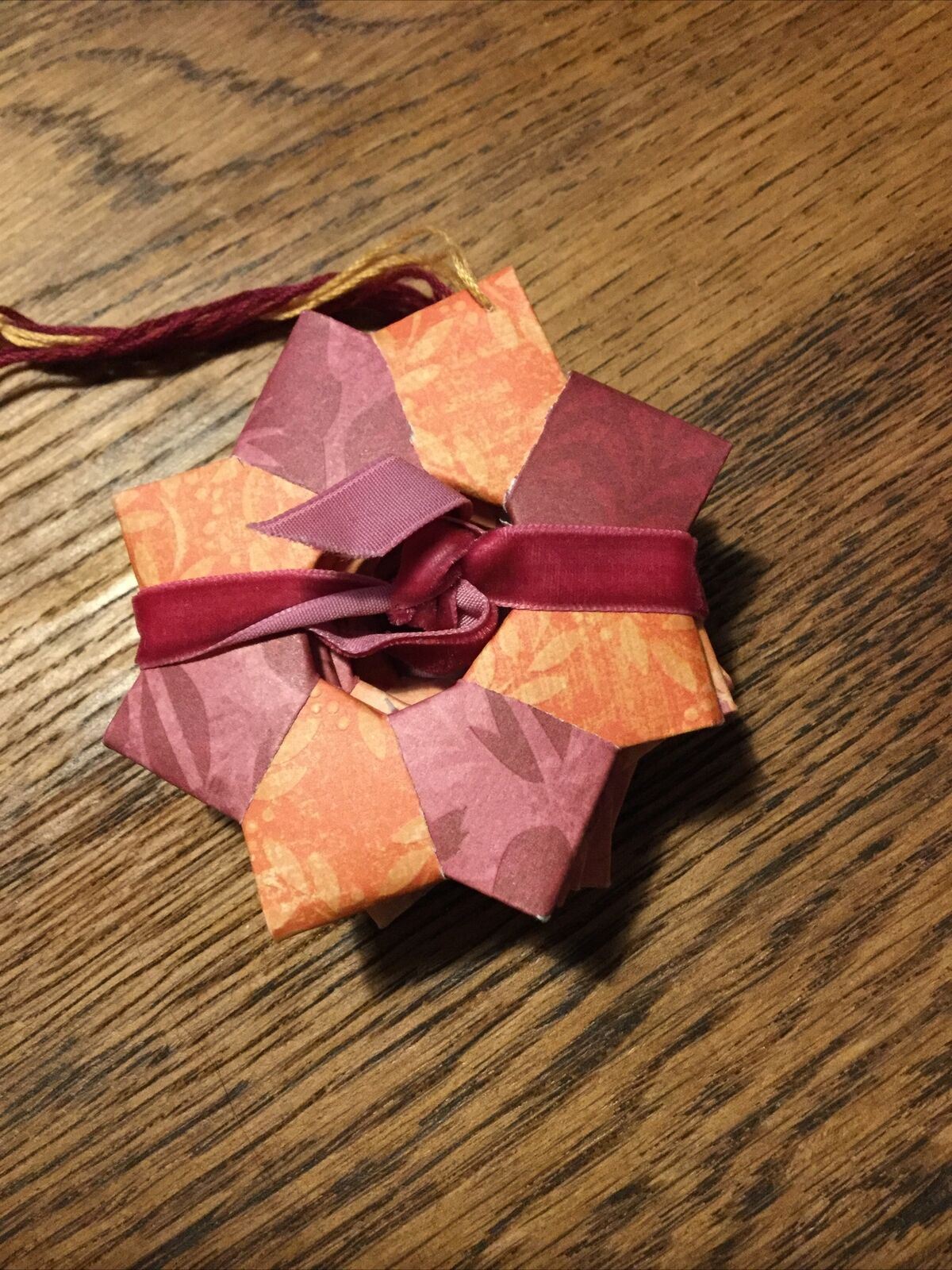 Set Of 5 Handmade Origami Star Tree Decorations. Baubles. Hanging. Orange Burgun