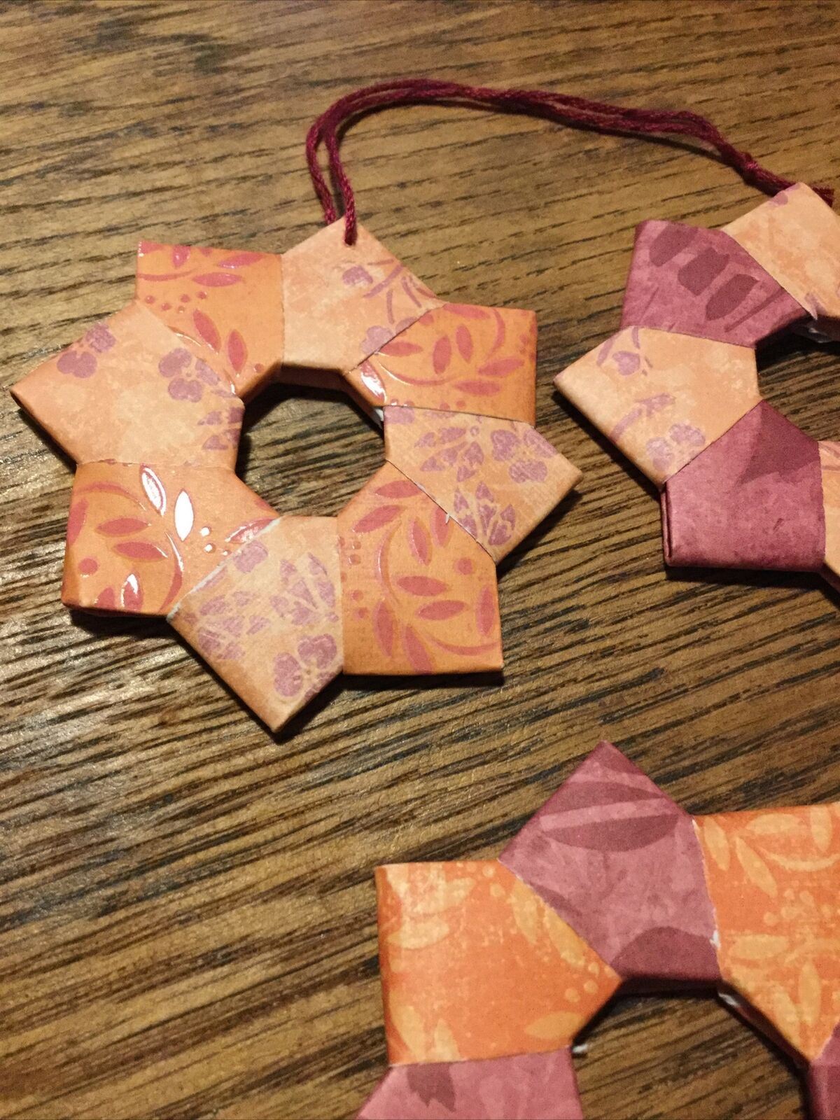 Set Of 5 Handmade Origami Star Tree Decorations. Baubles. Hanging. Orange Burgun