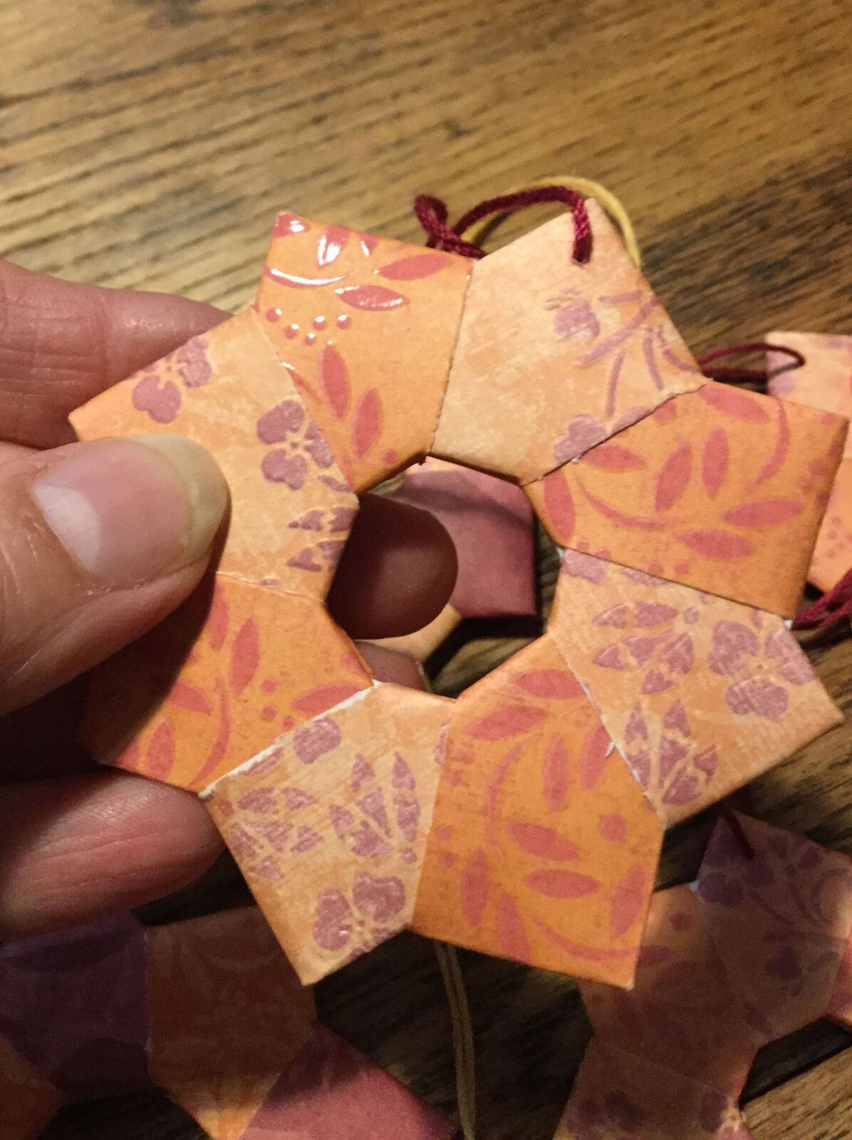 Set Of 5 Handmade Origami Star Tree Decorations. Baubles. Hanging. Orange Burgun