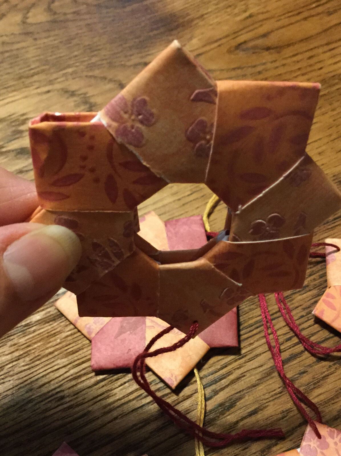 Set Of 5 Handmade Origami Star Tree Decorations. Baubles. Hanging. Orange Burgun