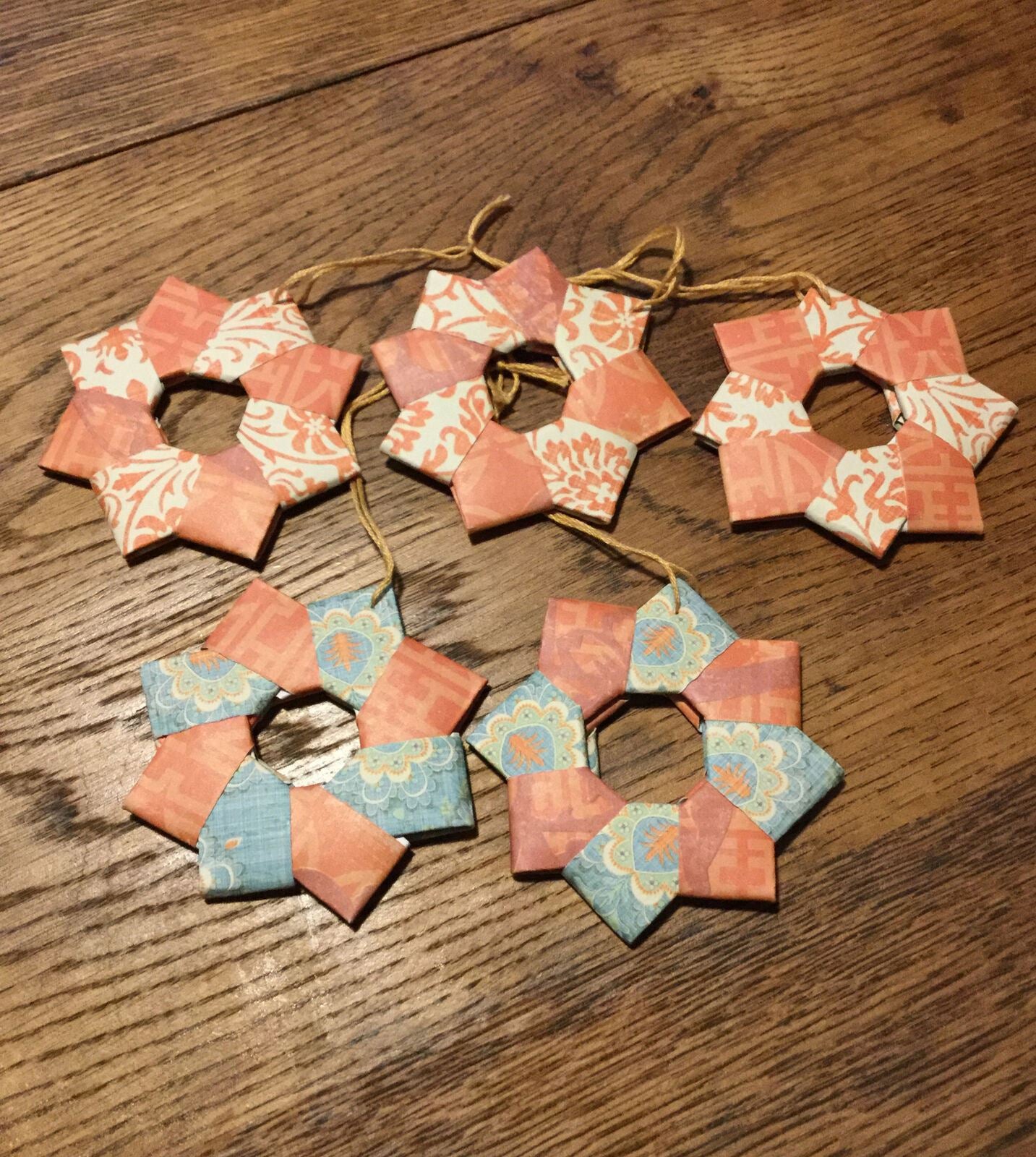 Set Of 5 Handmade Origami Star Tree Decorations. Baubles. Hanging. Orange Blue