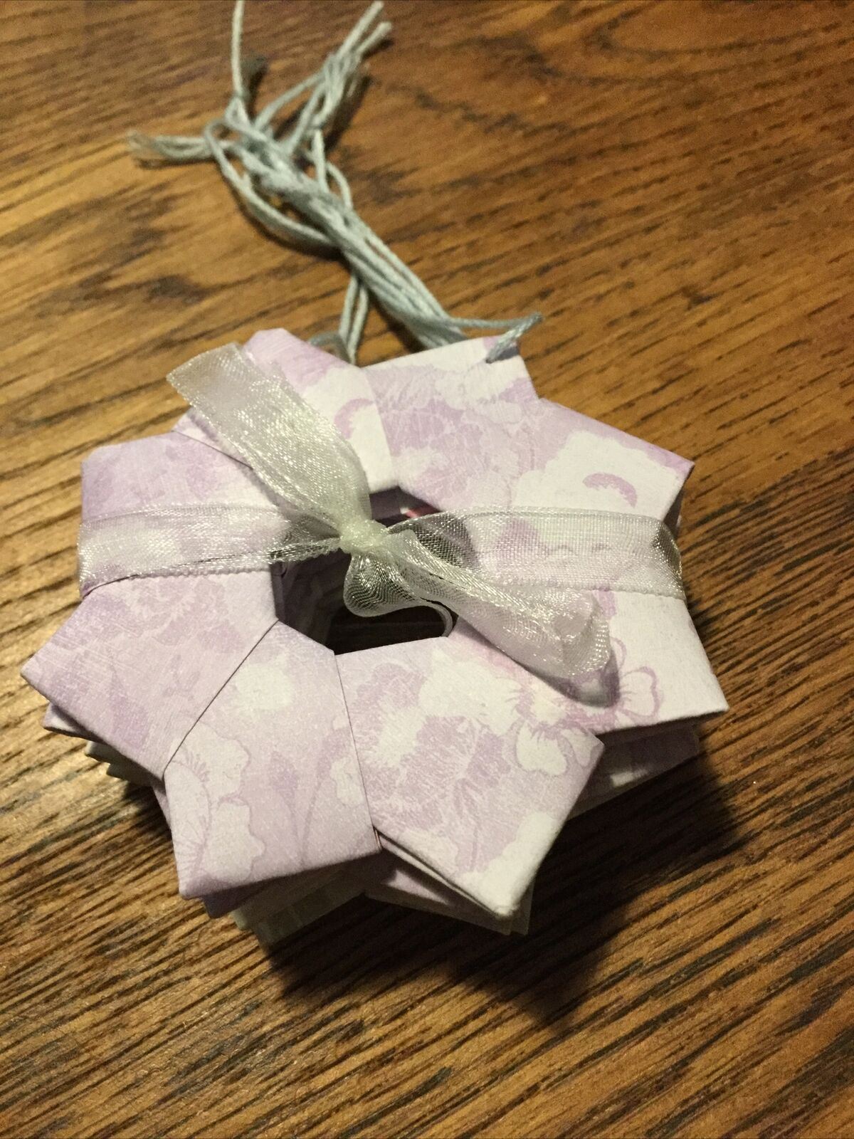 Set Of 5 Handmade Origami Star Tree Decorations. Baubles. Hanging. Grey Laven