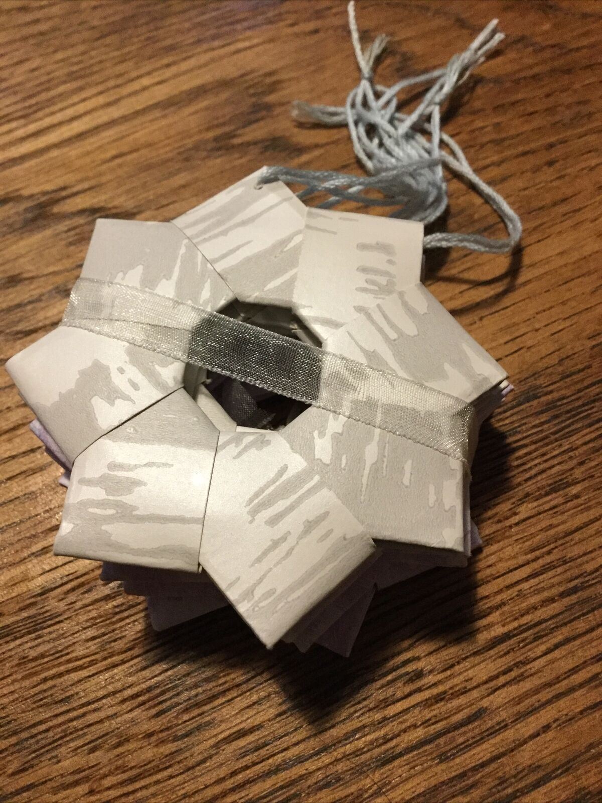 Set Of 5 Handmade Origami Star Tree Decorations. Baubles. Hanging. Grey Laven