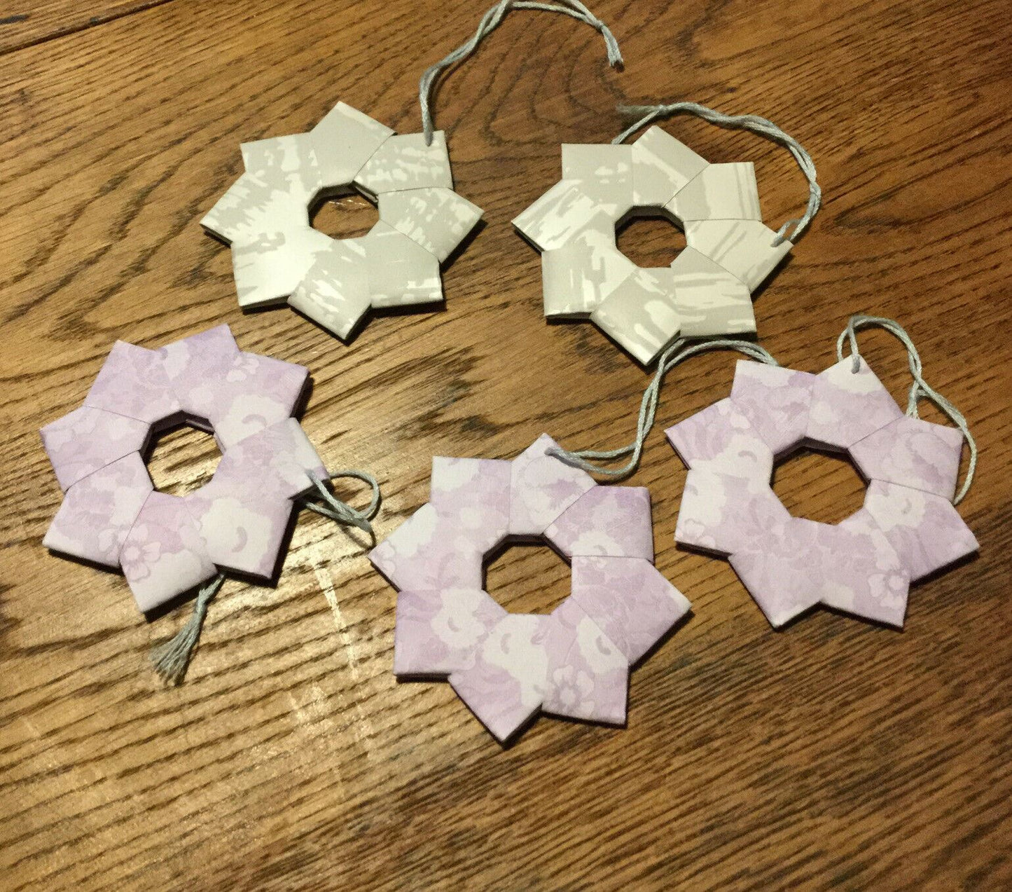 Set Of 5 Handmade Origami Star Tree Decorations. Baubles. Hanging. Grey Laven