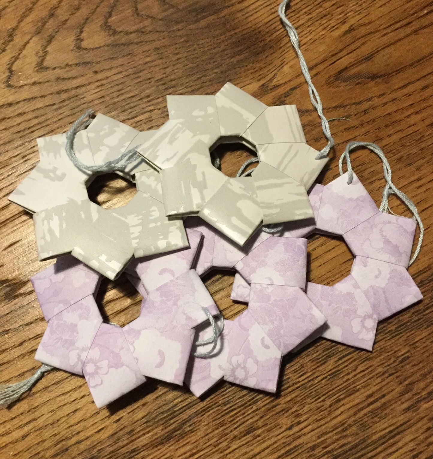 Set Of 5 Handmade Origami Star Tree Decorations. Baubles. Hanging. Grey Laven