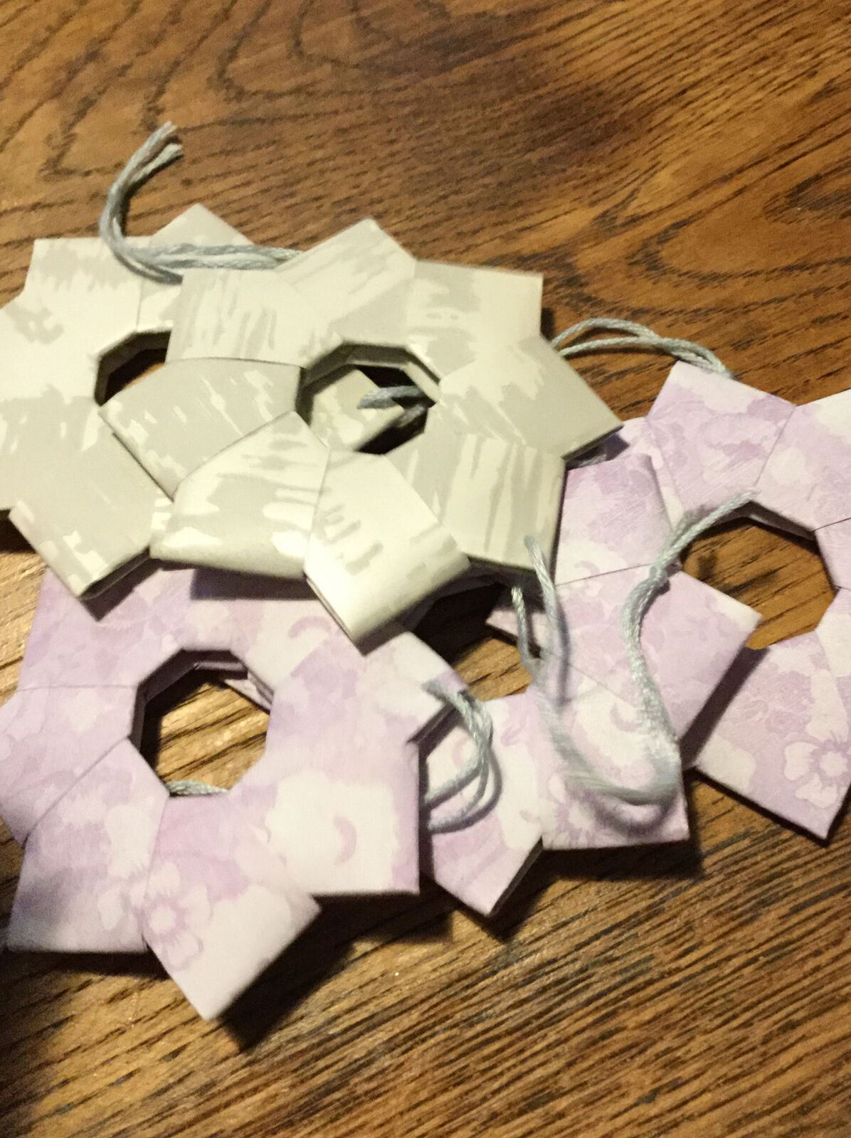 Set Of 5 Handmade Origami Star Tree Decorations. Baubles. Hanging. Grey Laven