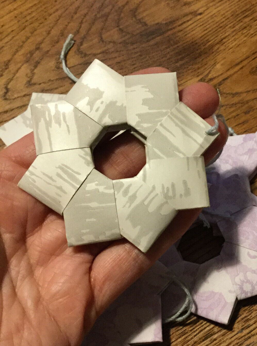 Set Of 5 Handmade Origami Star Tree Decorations. Baubles. Hanging. Grey Laven