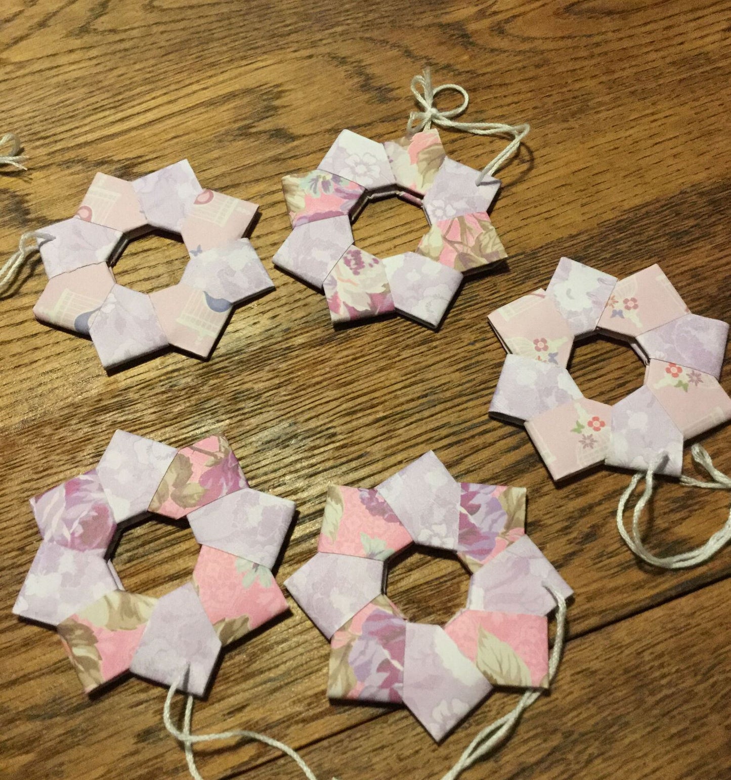 Set Of 5 Handmade Origami Star Tree Decorations. Baubles. Hanging. Pink Lilac