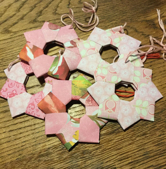 Set Of 5 Handmade Origami Star Tree Decorations. Baubles. Hanging. Vintage Pink