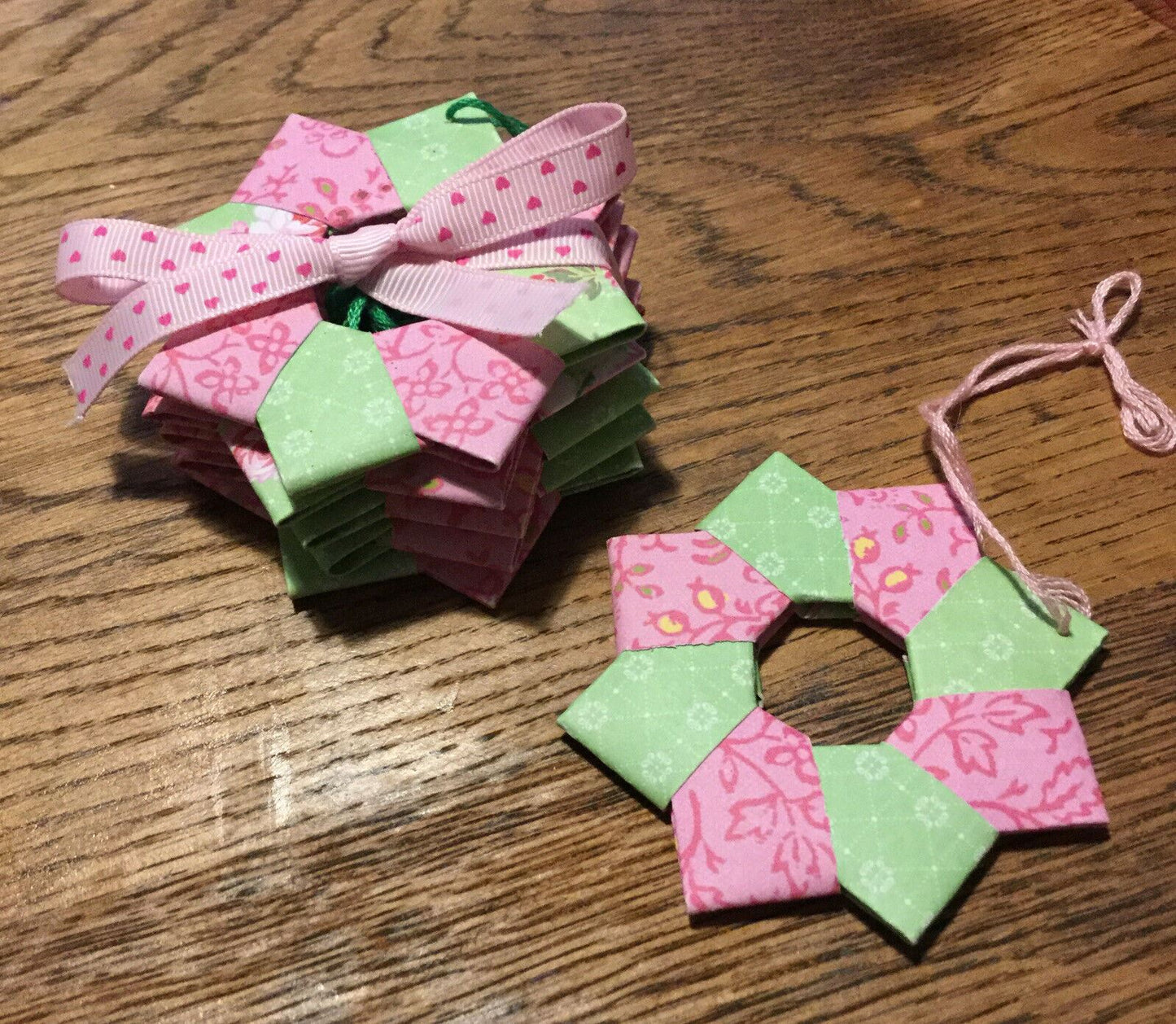 Set Of 6 Handmade Origami Star Tree Decorations. Baubles. Hanging. Pink Green