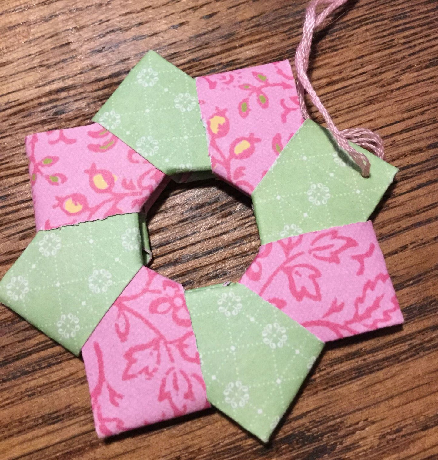 Set Of 6 Handmade Origami Star Tree Decorations. Baubles. Hanging. Pink Green