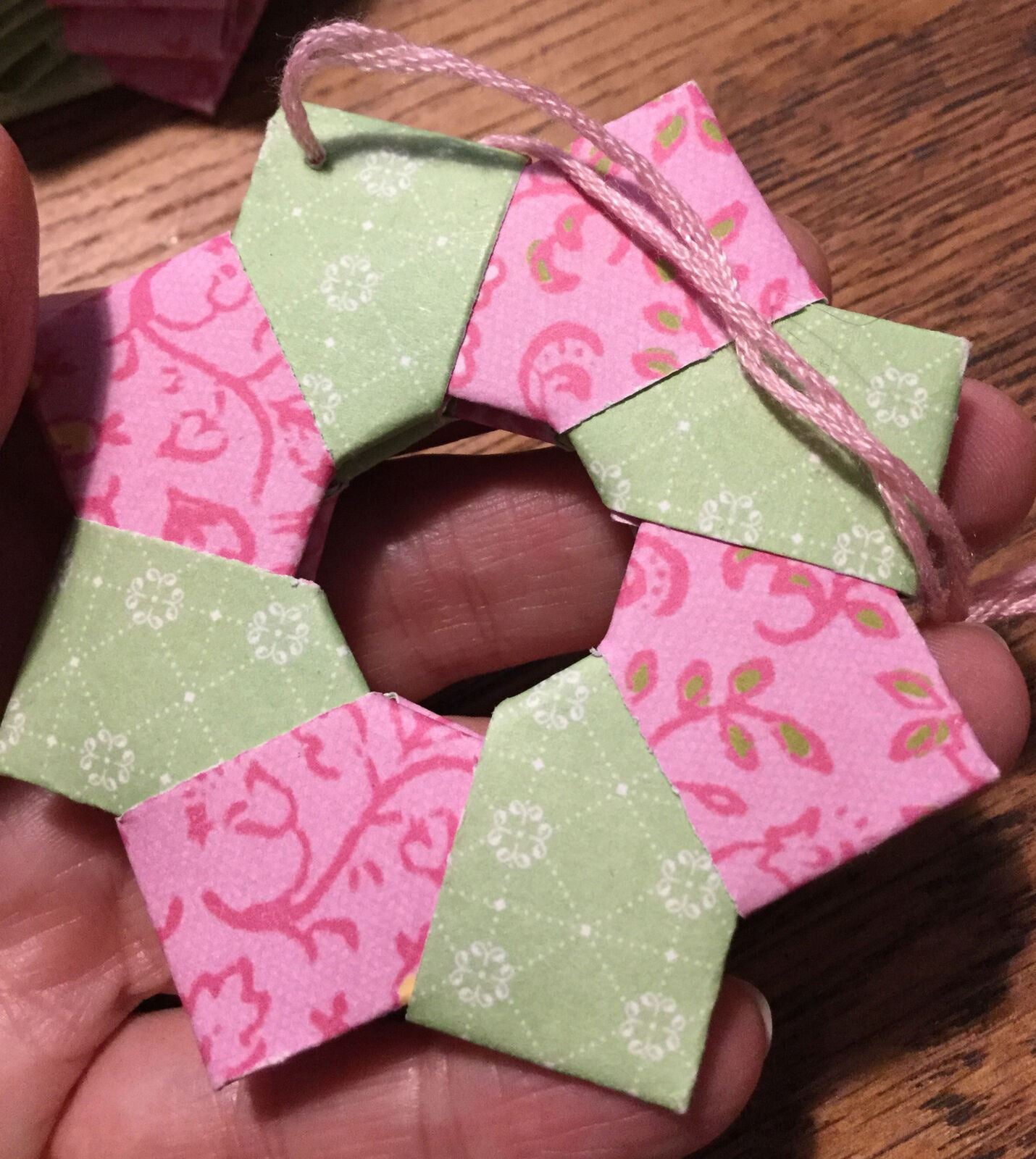 Set Of 6 Handmade Origami Star Tree Decorations. Baubles. Hanging. Pink Green