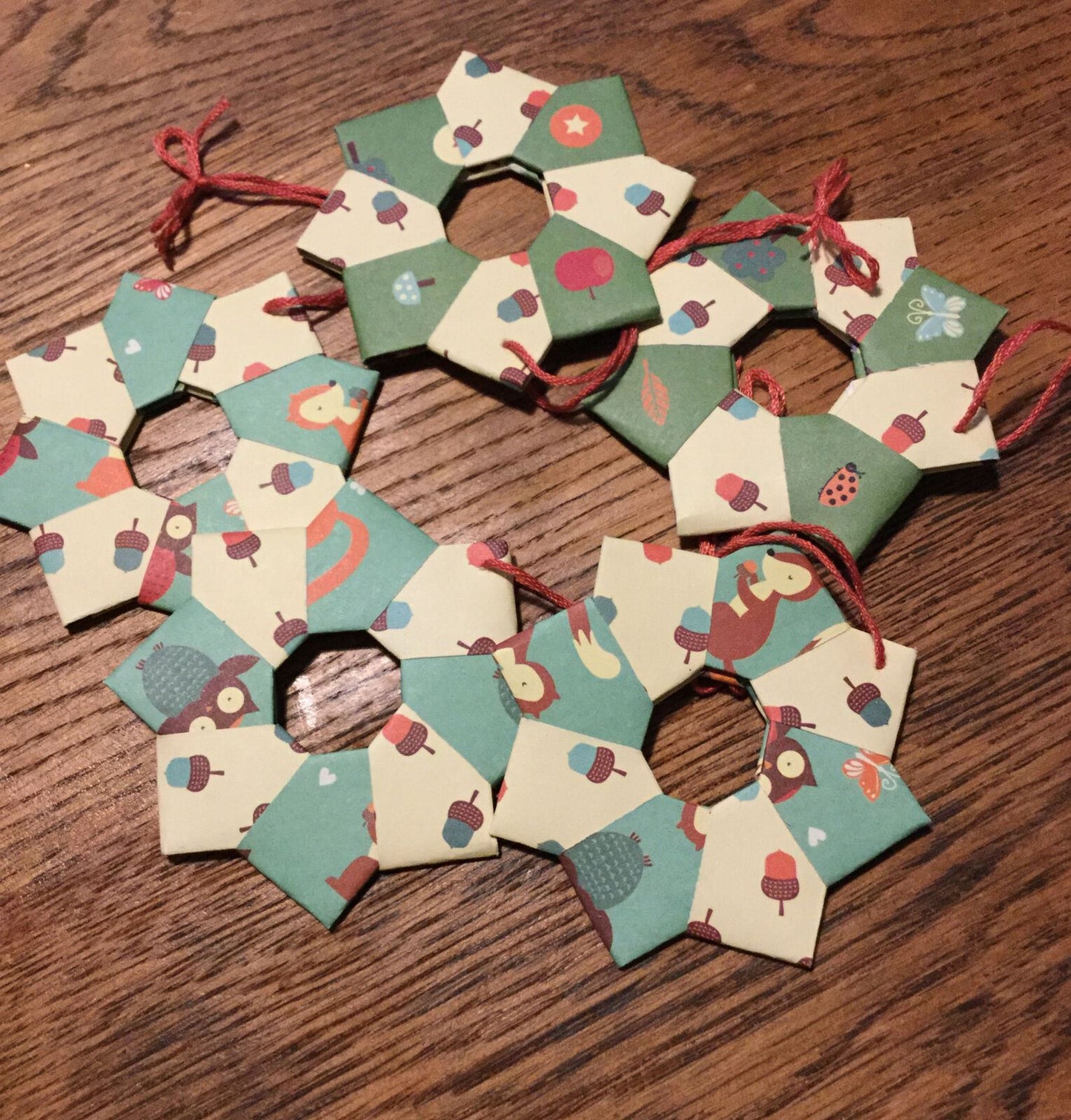 Set Of 5Handmade Origami Star Tree Decorations. Baubles. Hanging. Woodland Gree