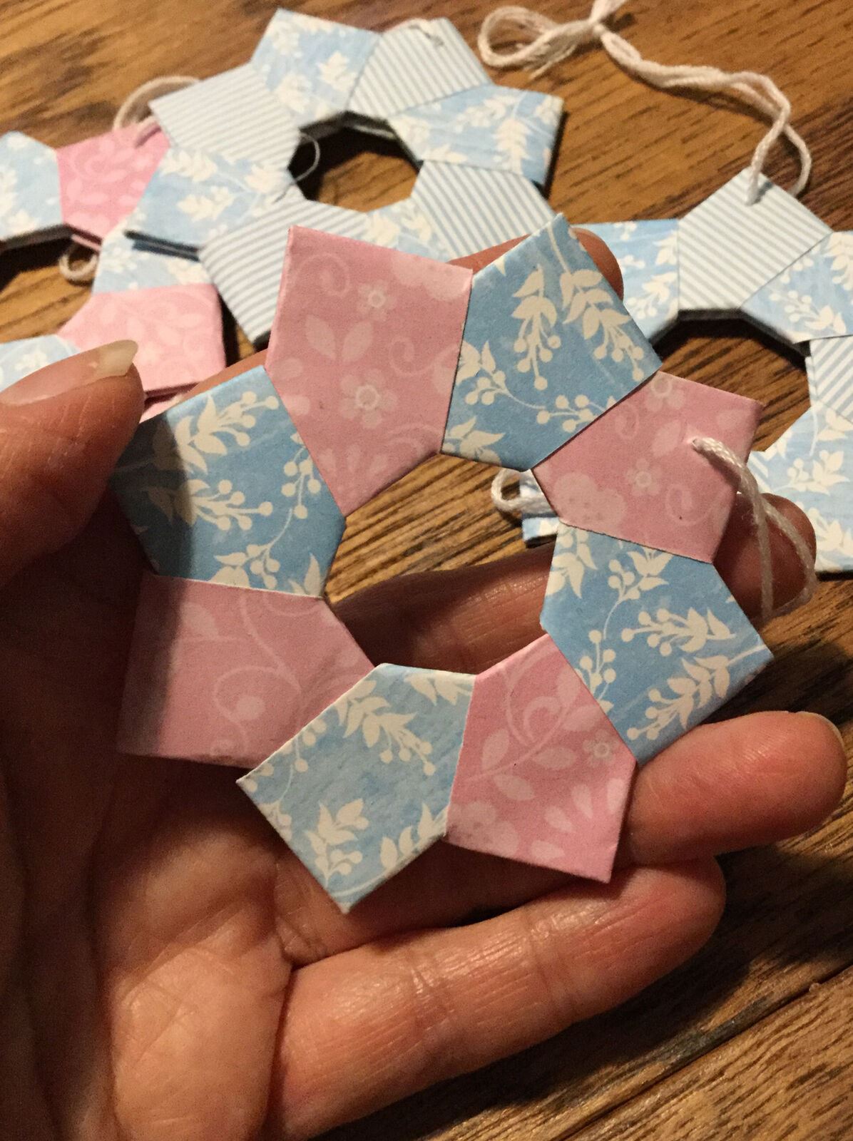 Set Of 5 Handmade Origami Star Tree Decorations. Baubles. Hanging. Pink Blue