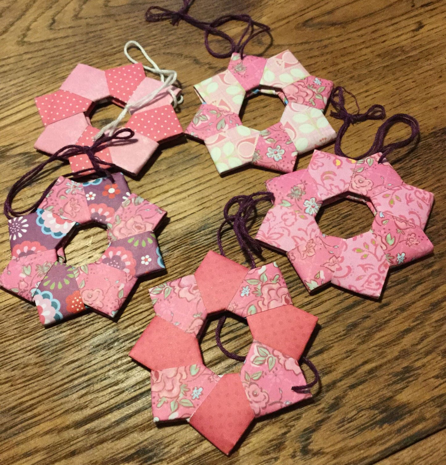 Set Of 5 Handmade Origami Star Tree Decorations. Baubles. Hanging. Pretty Pink