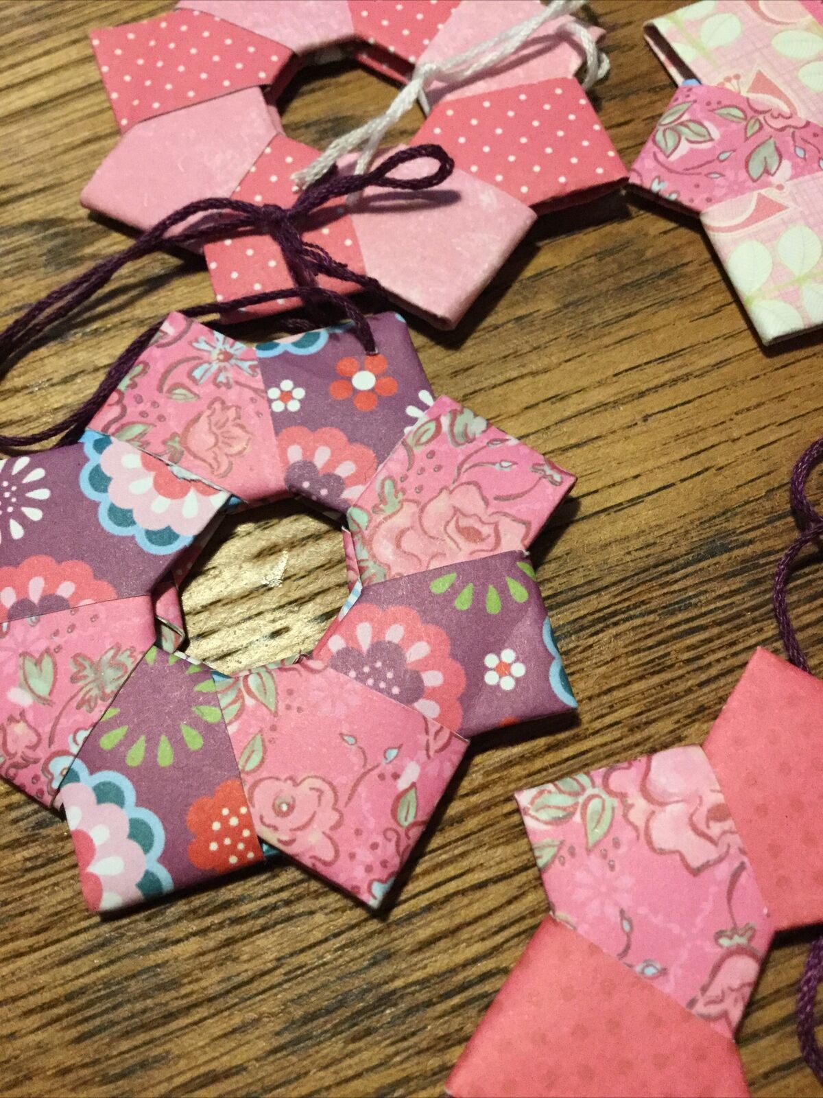 Set Of 5 Handmade Origami Star Tree Decorations. Baubles. Hanging. Pretty Pink