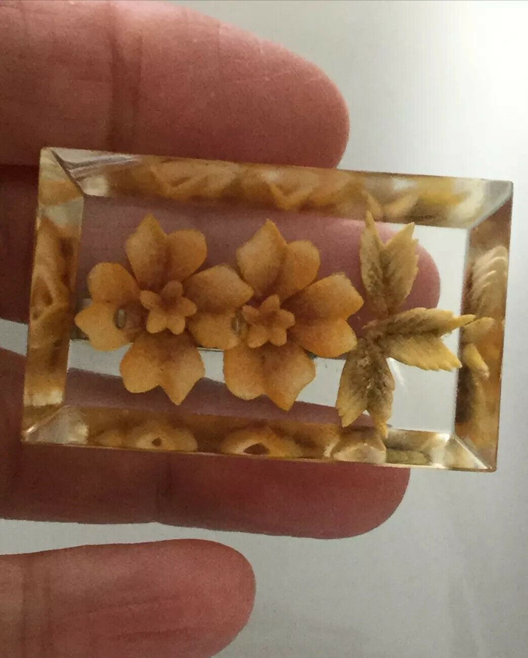 Vintage 40s 50s Oblong Yellow Floral Brooch Pin Jewellery. Reverse Carved Retro