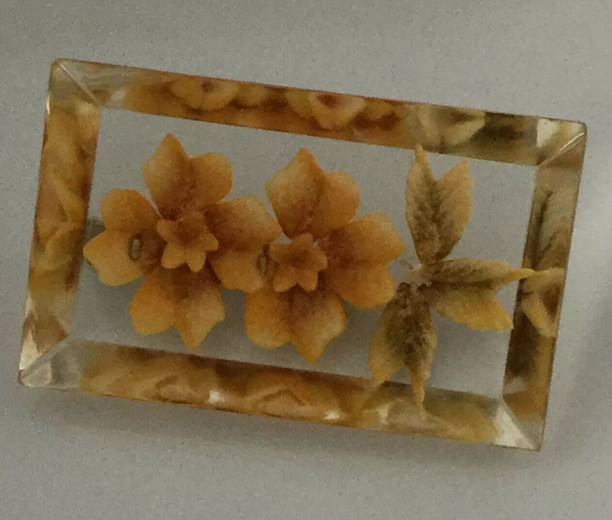 Vintage 40s 50s Oblong Yellow Floral Brooch Pin Jewellery. Reverse Carved Retro