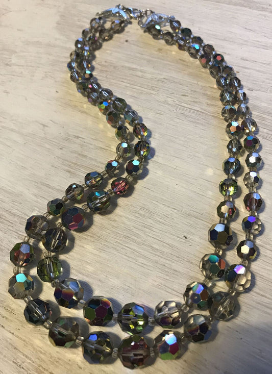 Vintage 2 Strand Necklace, Coloured Aurora Borealis Faceted Glass Beads