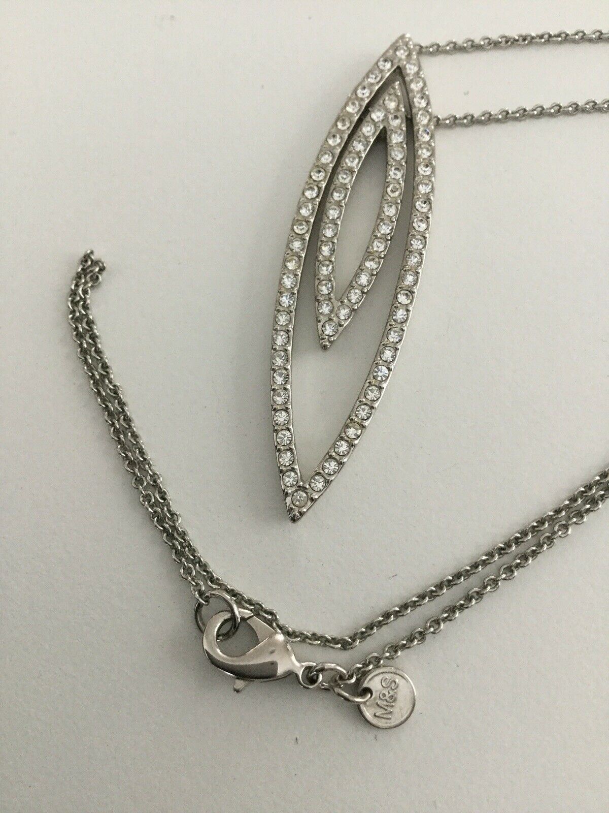 Silver Plated M&S Diamante Pendant. 16”. Oval. Art Deco Style. 1920s Style