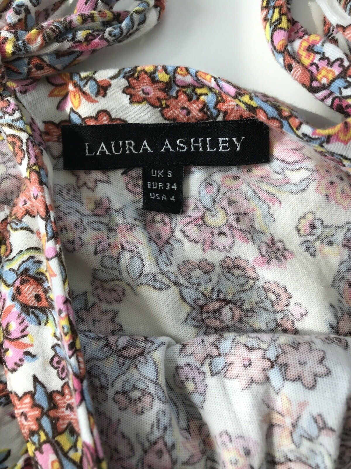 Laura Ashley Floral Cami Top. Tie Staps. Stretch Fabric. Size 8. Festival Boho