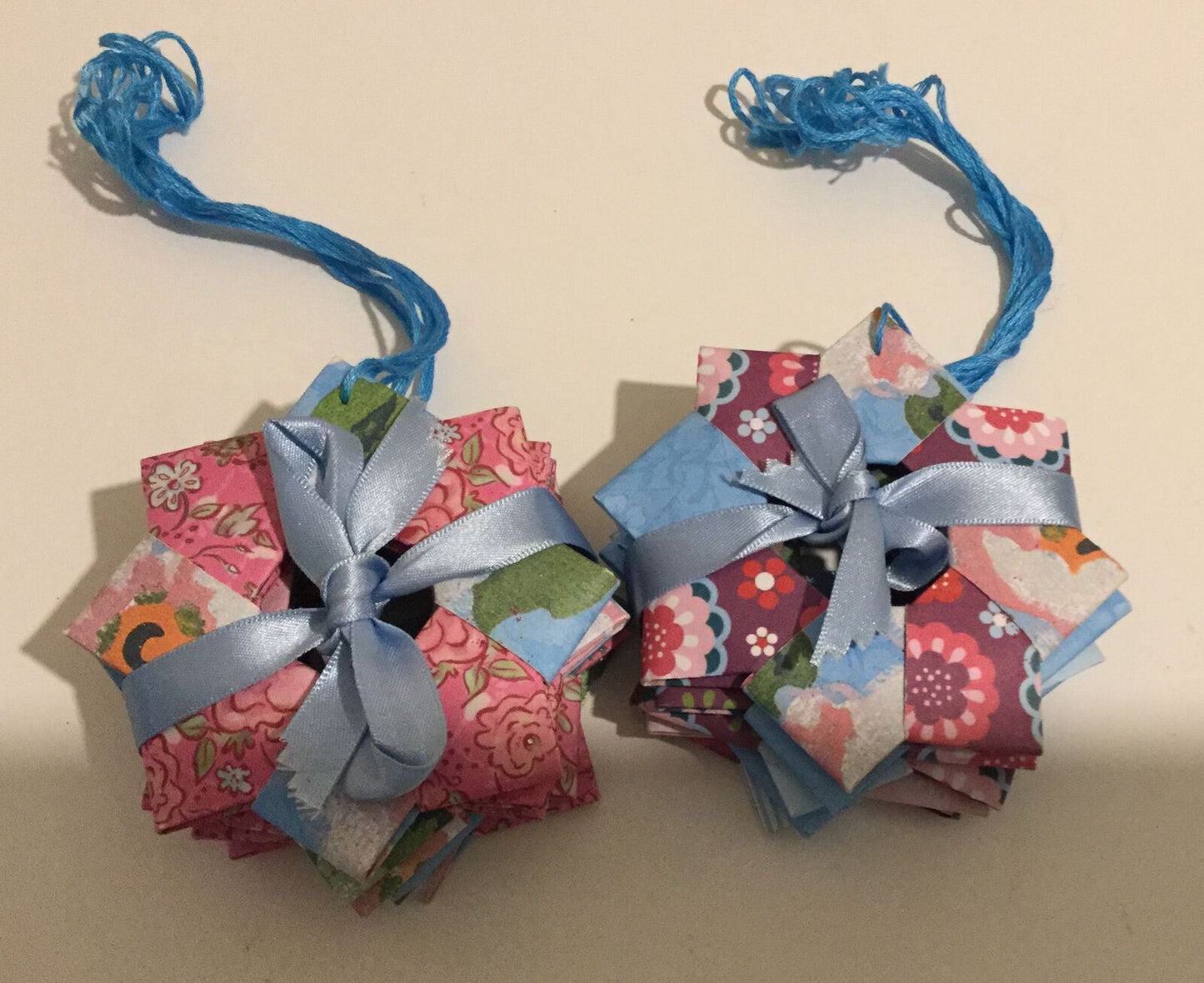 Set Of Hanging Origami Star Christmas Tree Decorations. Pink And Blue. Handmade