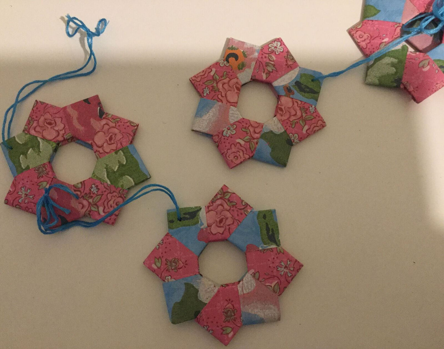 Set Of Hanging Origami Star Christmas Tree Decorations. Pink And Blue. Handmade